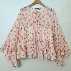 ASOS Curve Bell Sleeve Sheer Babydoll Top Sz 18 Floral Ruffle Boho Flowy Hippie
